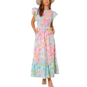 Peach Love Watercolor Sunset Ruffled Midi Dress - M